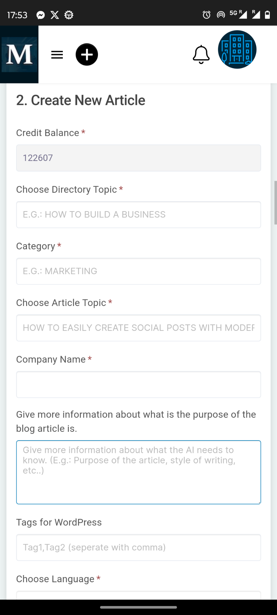 screenshot of 1-Click AI Blog Article App
